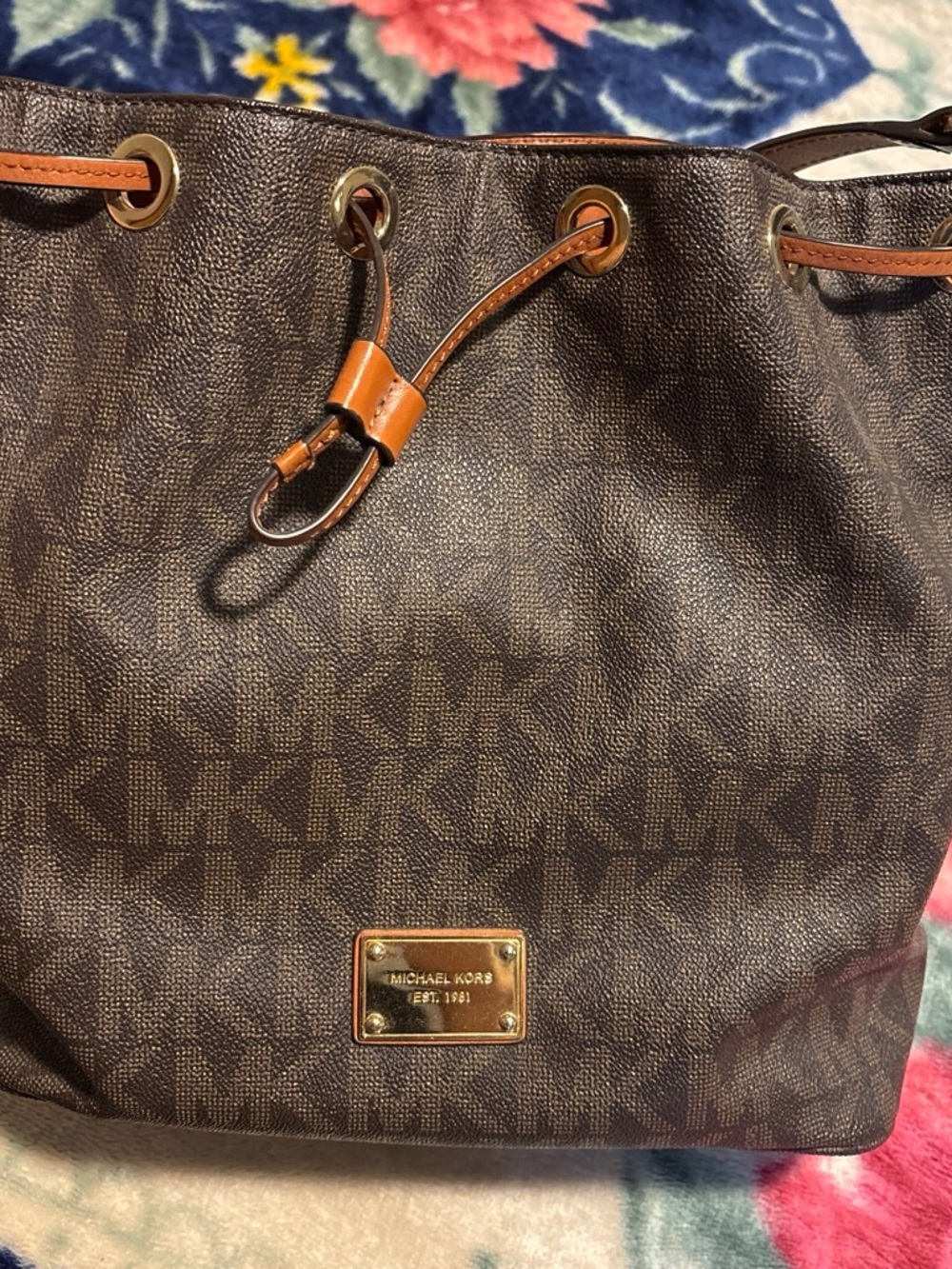 Michael Kors Brown MK Monogram Drawstring Shoulder Bag